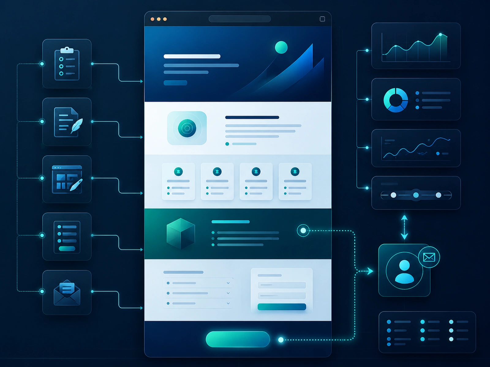Ilustração premium de criação de site one-page com browser central, seções modulares, CTA, formulário, WhatsApp e painel de métricas conectado.