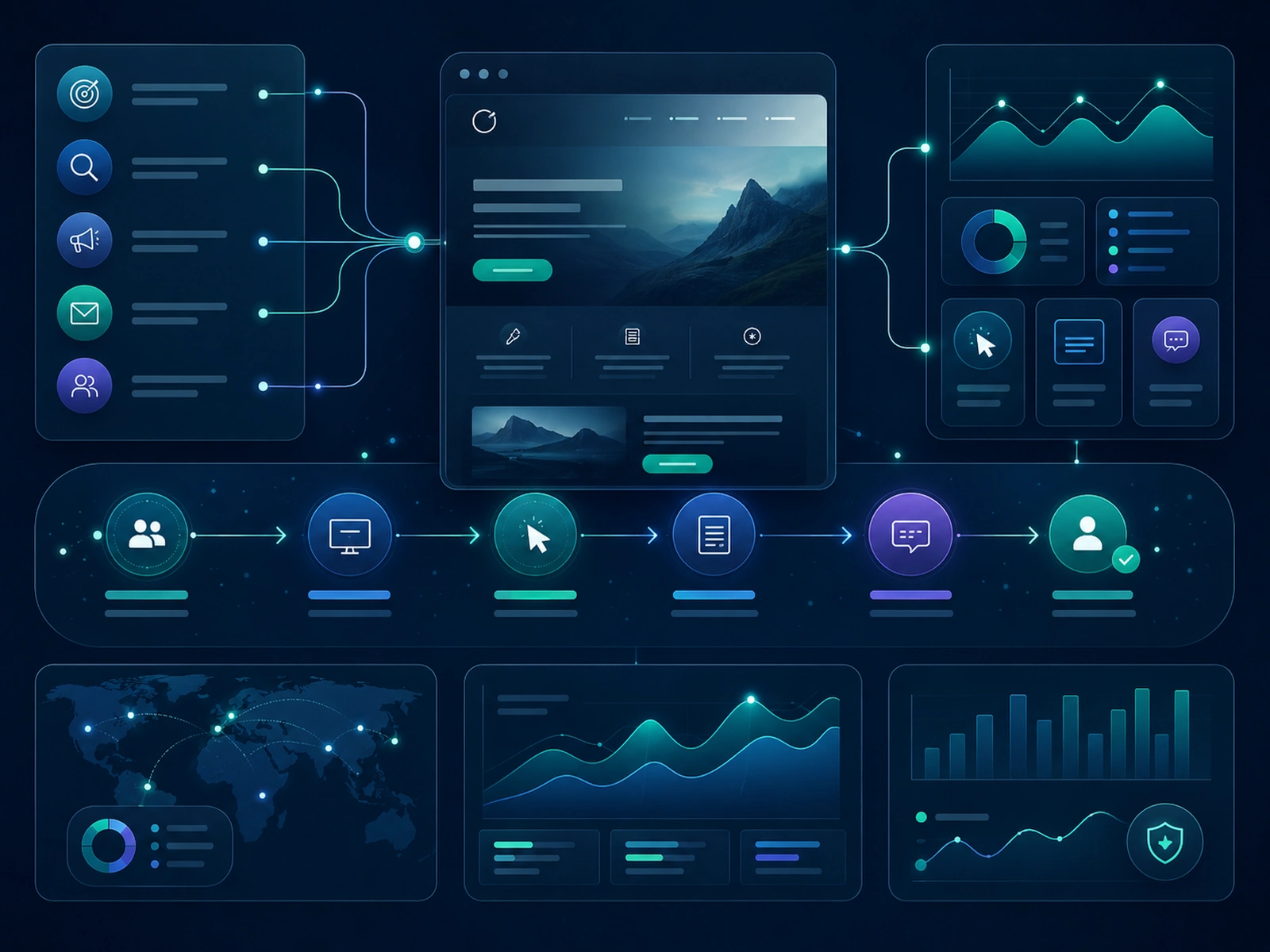 Ilustração premium de rastreamento de site one-page com origem de visitantes, cliques em CTA, formulário enviado, WhatsApp e leitura de desempenho.