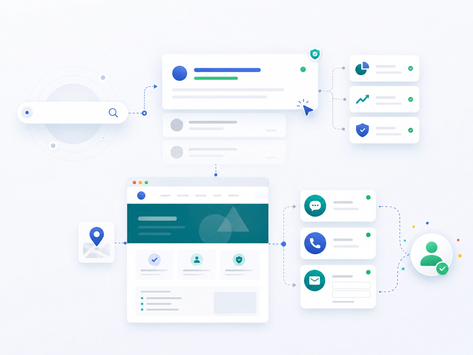 Ilustração mostrando anúncios no Google conectados a uma página clara, WhatsApp, formulário e relatório de contatos recebidos.