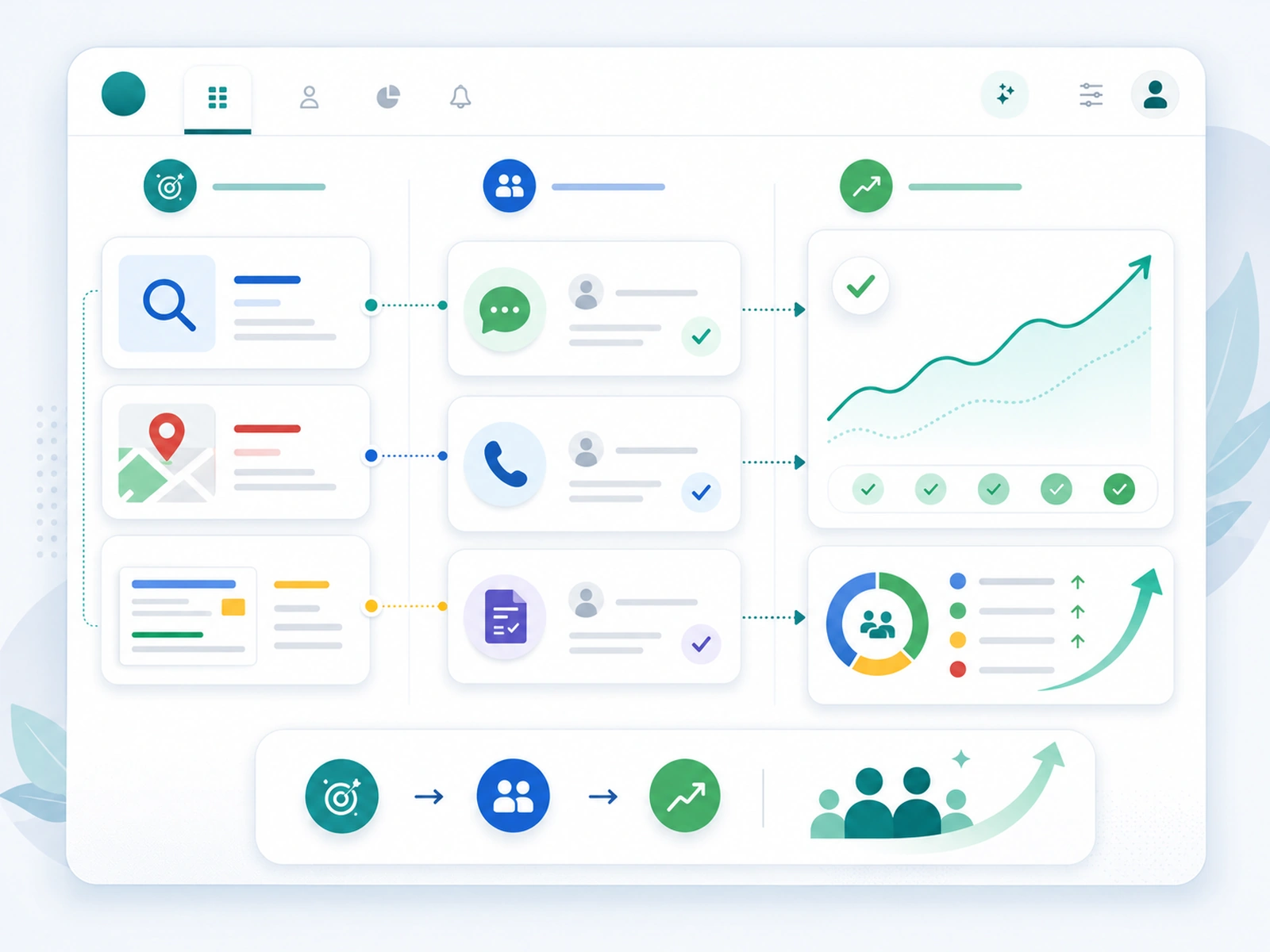 Ilustração mostrando acompanhamento de contatos recebidos por anúncios no Google, com painel simples de resultados e oportunidades.