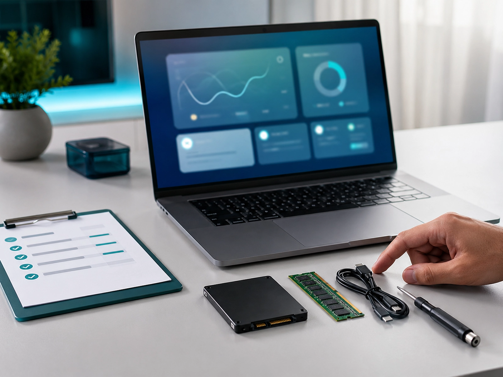Ilustração de diagnóstico de computador com etapas de sintomas, arquivos importantes, avaliação de upgrade e orientação do próximo passo.
