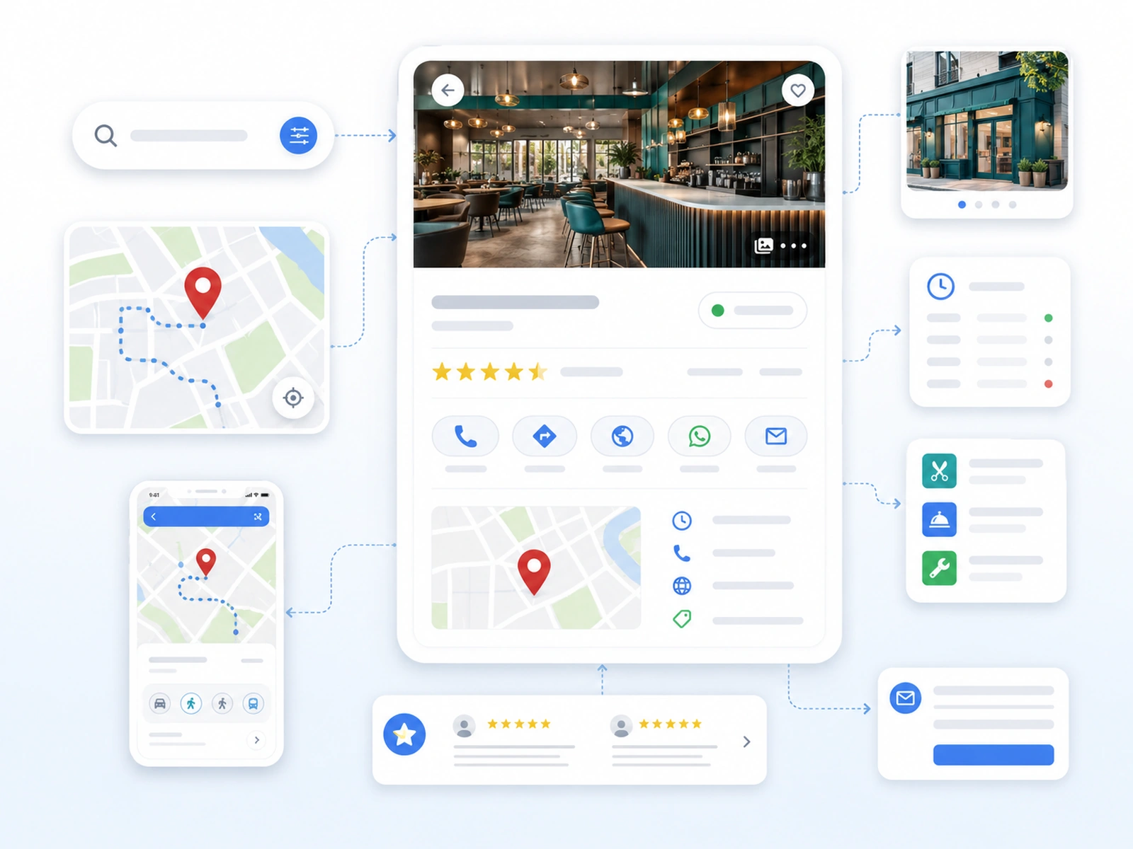 Ilustração mostrando a vitrine de uma empresa no Google e no Maps com telefone, rota, horário, fotos, avaliações e botão de contato organizados.
