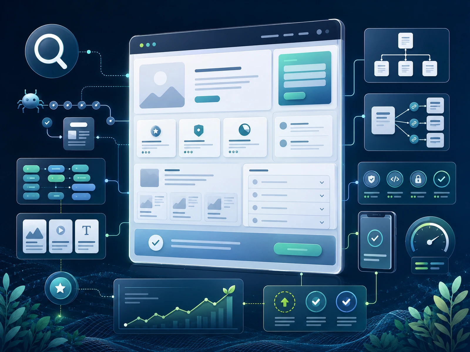 Ilustração premium de consultoria de SEO com painel digital, páginas organizadas, busca abstrata, conteúdo útil, estrutura técnica e sinais de melhoria conectados.