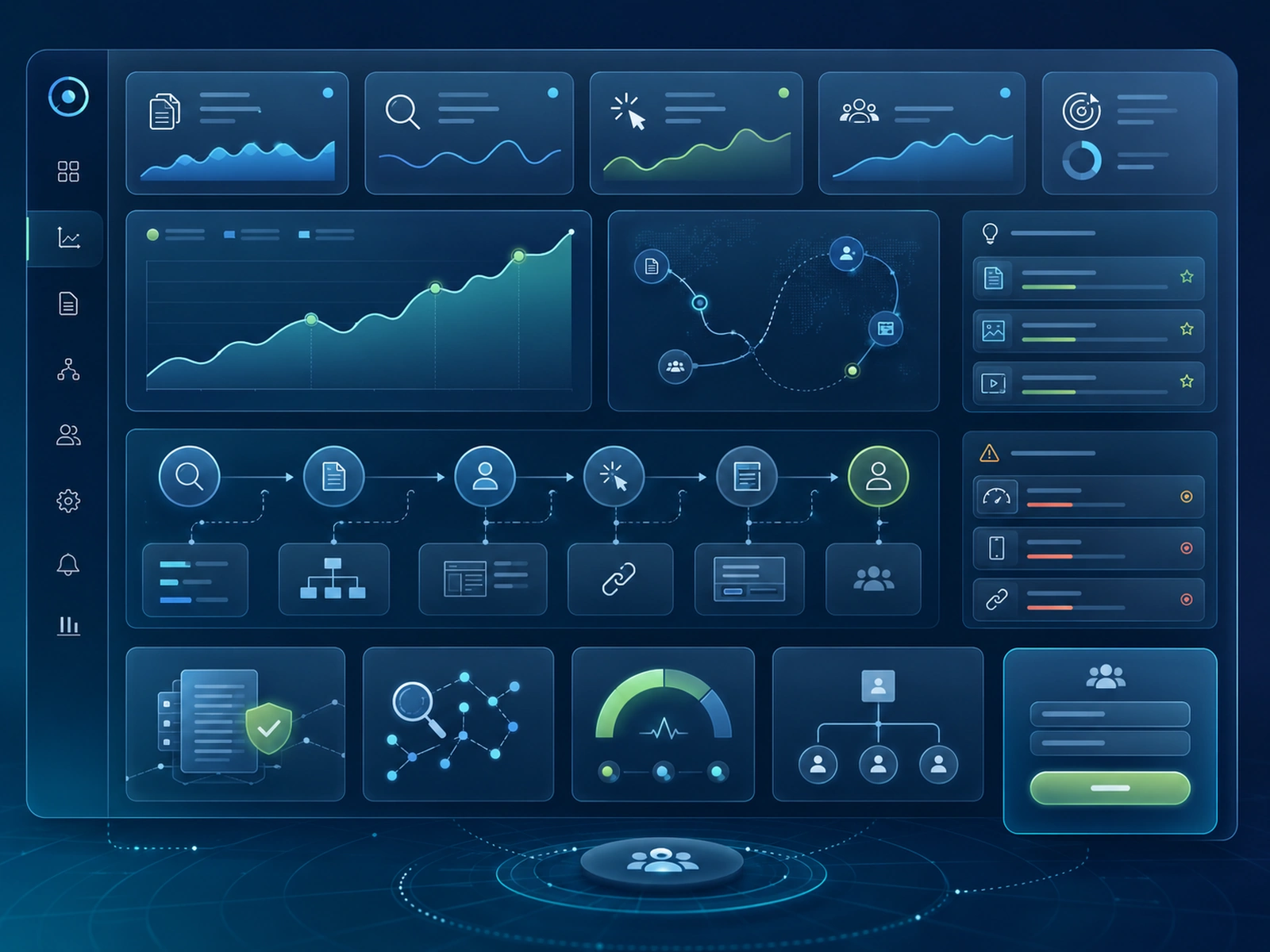 Ilustração premium de acompanhamento de SEO com painel de métricas abstratas, páginas, buscas, cliques, caminhos de contato e oportunidades de melhoria.